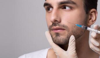 Handsome man receiving filler injection in his face on grey background photo