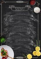Design concept for restaurant menu mockup. Black rustic chalkboard with white inscription and vegetables frame, top view, copy space for text and logo photo