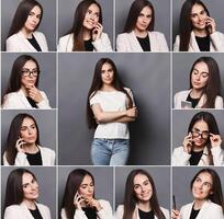 Set of different emotions of business woman in formal suit. Young female employee using gadgets and grimacing on camera. Happy, smiling, playful and serious portraits photo