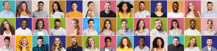 Collage of smiling and happy multiethnic people on different backgrounds, panorama photo