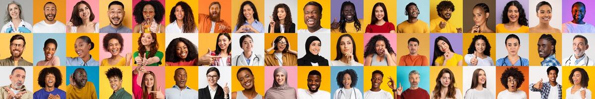 A vibrant collage showcases a diverse collection of faces, capturing joyful expressions of individuals from different cultural backgrounds. This lifestyle collection emphasizes unity in diversity. photo