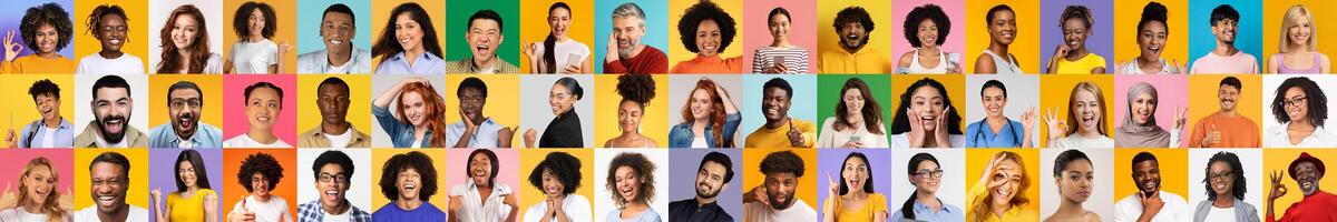A colorful collection of portraits featuring diverse individuals from various backgrounds smiling and expressing happiness. Each face radiates joy, highlighting unity in diversity. photo
