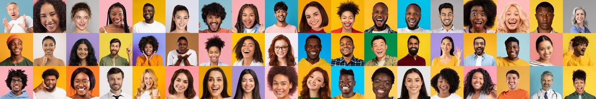 A vibrant collage features diverse individuals smiling joyfully against colorful backgrounds. Each portrait represents a unique story and cultural identity, celebrating unity in diversity. photo