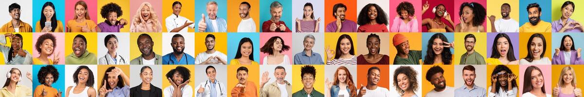 A colorful collection of diverse individuals displaying joy and excitement in a lively collage. Each person reflects a unique background and personality, contributing to the celebration of diversity. photo