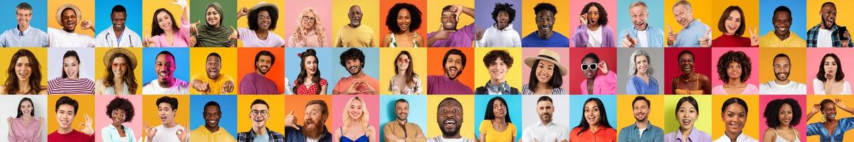 A collage of diverse faces representing various lifestyles, showcasing joy and unity against bright, colorful backgrounds. Each portrait highlights uniqueness and togetherness. photo