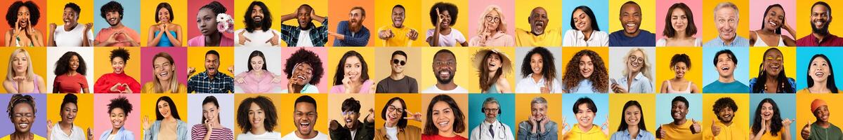 A vibrant collage showcasing smiling, diverse individuals. Each portrait reflects unique backgrounds and expressions, emphasizing joy and unity amidst a colorful backdrop. photo