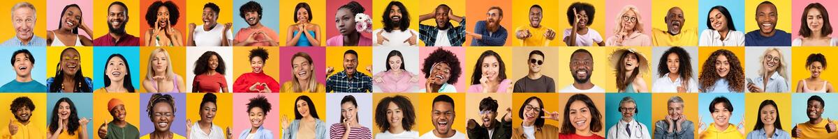A vibrant collage of diverse faces representing various backgrounds, all smiling and celebrating life against colorful backdrops. Each individual exudes joy and warmth. photo