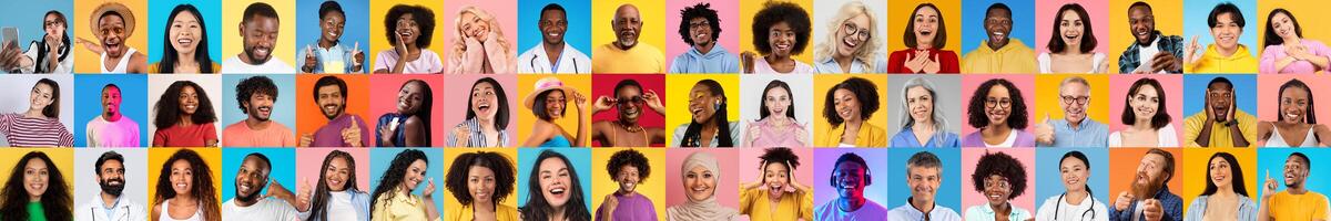 A vibrant collage showcases diverse individuals smiling and expressing happiness against colorful backgrounds. Each portrait highlights the richness of diverse identities and lifestyles. photo