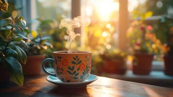 Enjoying a warm cup of tea surrounded by lush plants as sunlight filters through the window. photo