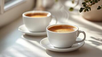 Two cups of coffee rest on a table, illuminated by warm sunlight streaming through the window. photo