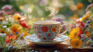 A steaming cup of tea rests on a saucer amidst vibrant flowers, capturing a serene garden moment. photo