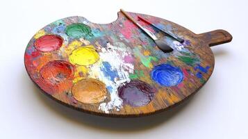 Colorful, used 's palette with paint and brush. photo
