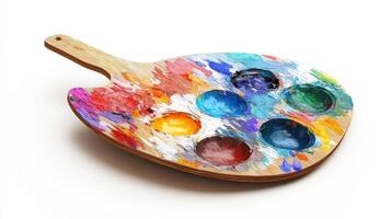 Wooden painting palette with colorful paint stains. photo