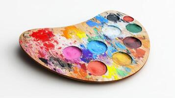 Used wooden paint palette with vibrant colorful pigments. photo