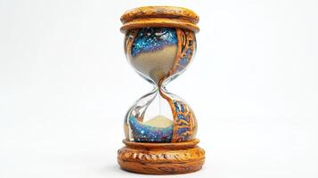 Ornate hourglass with a decorative wooden base. photo