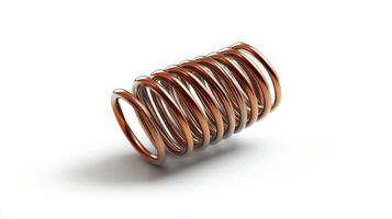 Close-up view of a coiled metallic spring against a white background. photo