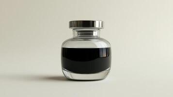 Elegant, dark liquid filled glass bottle on light background. photo