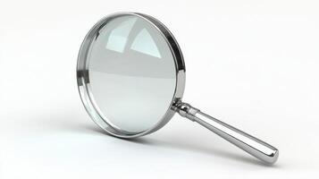 Metallic magnifying glass angled on a plain white background. photo