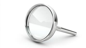 Isolated magnifying glass, metallic, clear lens, shot. photo