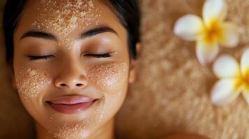 Relaxed woman's face with facial treatment. photo