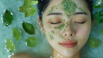 Relaxed person with facial mask in a soothing bath. photo