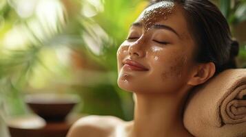 Peaceful woman with facial mask in spa setting. photo