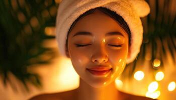 Relaxed woman enjoying a skin treatment session. photo