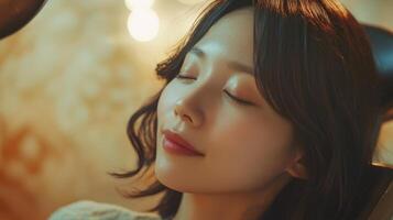 A woman is relaxing in a chair with her eyes closed photo