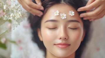 A delicate facial treatment with floral adornment. photo