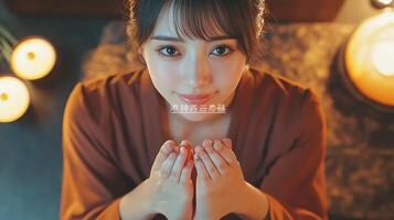 Elevated view of a young woman with clasped hands. photo