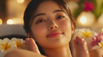 A woman is relaxing in a spa with flowers photo