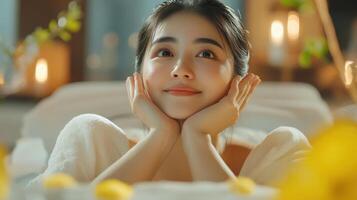 Peaceful young woman relaxing in a warm bath. photo