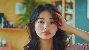Close-up portrait of a young woman with soft, natural makeup. photo