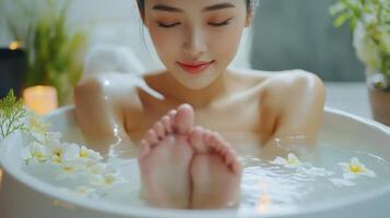 Peaceful woman relaxing in a spa-like bath. photo
