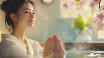 A serene woman in a warm, tranquil spa setting. photo