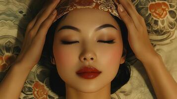 Close-up of a woman with elegant head adornment. photo