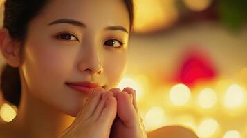 Close-up portrait of a woman with gentle hands. photo