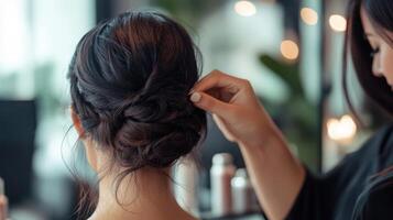 Close-up of a skilled stylist arranging a complex updo. photo