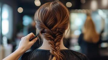 Woman's intricate braid being styled in a salon. photo