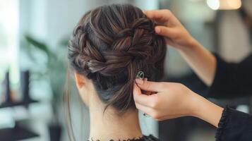 Expert hands style a complex braided updo. photo