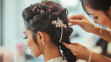 Close-up view of intricate braided hairstyle being styled. photo