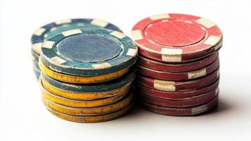 Close-up view of two stacks of vintage casino poker chips. photo