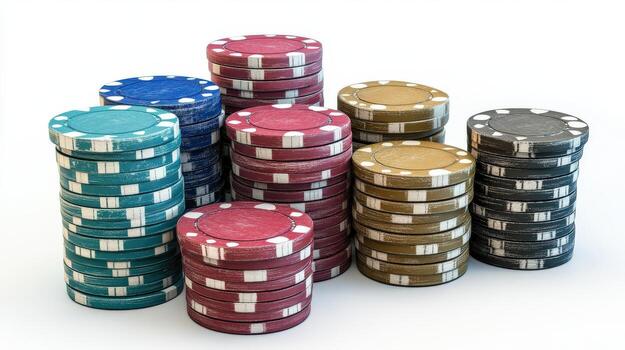 Stacked gambling chips in various colors. photo