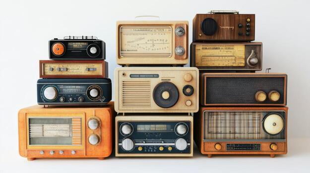 Vintage radio collection displayed on a white background. photo