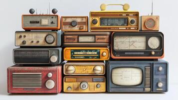 Vintage radio and television collection displayed as a stack. photo