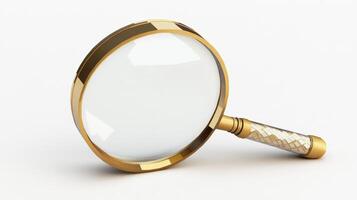 Golden magnifying glass against a white background. photo