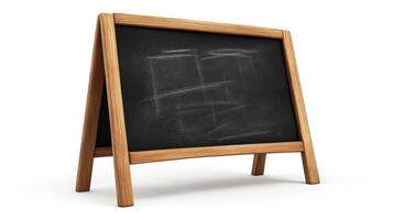 Wooden easel showcasing a blank chalkboard surface. photo