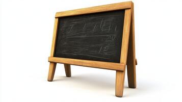 Wooden easel holding a dark chalkboard with simple drawings. photo