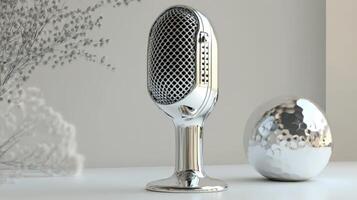Modern, polished microphone design on a light backdrop. photo