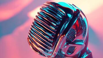 Close-up view of a stylized microphone in vibrant lighting. photo